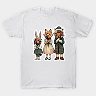 Floral Bouquet Trio - Charming Animal Friends T-Shirt